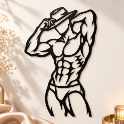 Décoration murale en silhouette d’un homme musclé relevant son chapeau, sur fond clair
