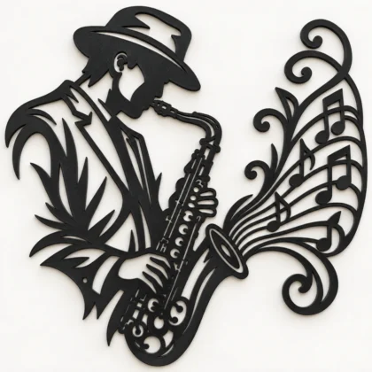 Décoration murale saxophoniste jazz avec notes de musique, vue sur fond clair