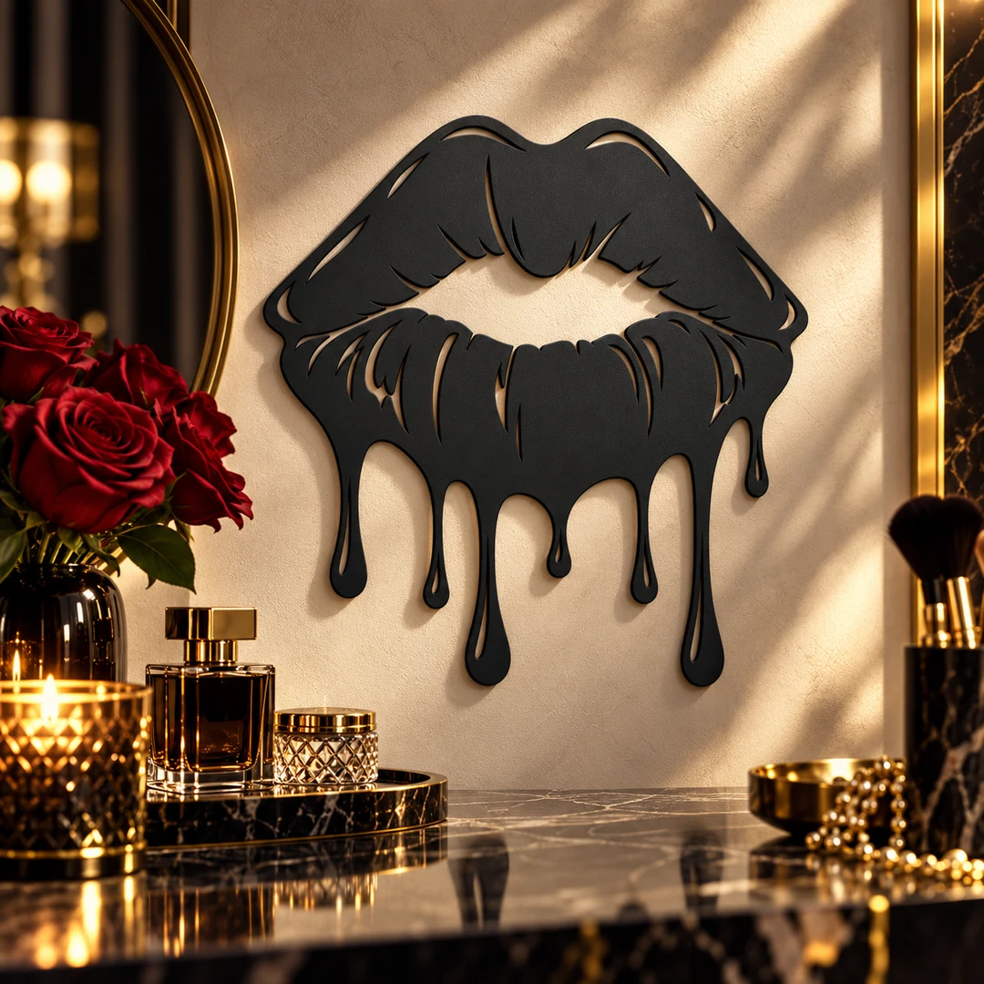 Lèvres coulantes en décoration murale premium avec roses et accessoires dorés