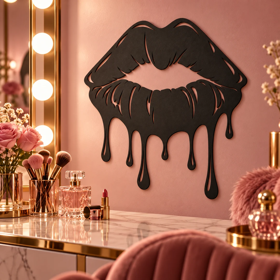 Décoration lèvres glamour noires sur mur rose au-dessus d’une coiffeuse