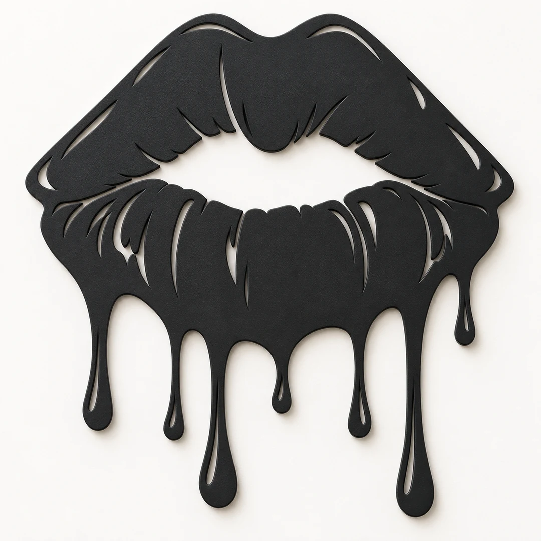 Décoration murale lèvres coulantes noires, silhouette ajourée Le baiser pop sur fond clair