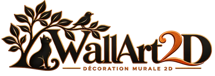 Logo WallArt2D : W décoratif avec arbre, chat et oiseau, lettrage noir et cuivré