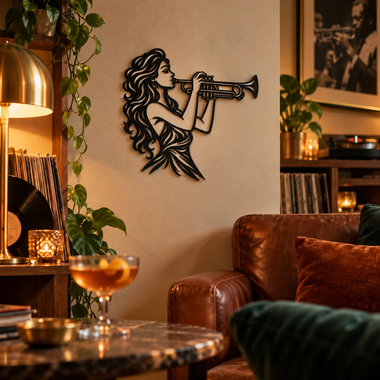 Trompettiste jazz en décoration murale noire dans un salon lounge chaleureux