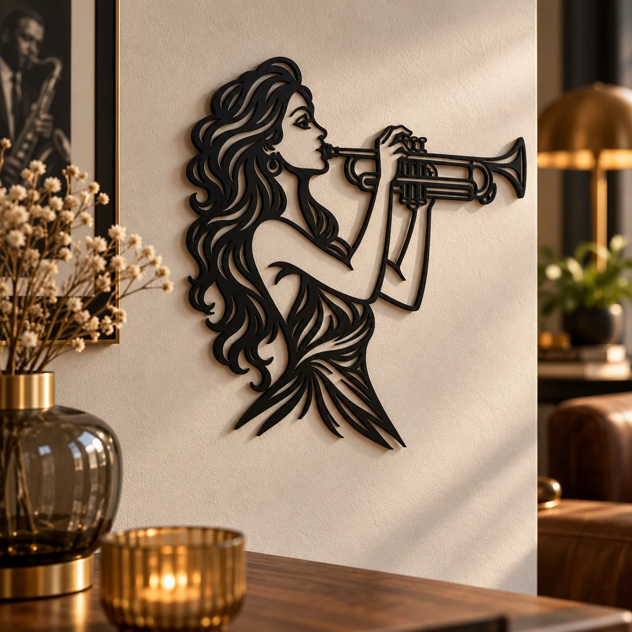 Détail de la décoration murale trompettiste : cheveux, trompette et découpes ajourées