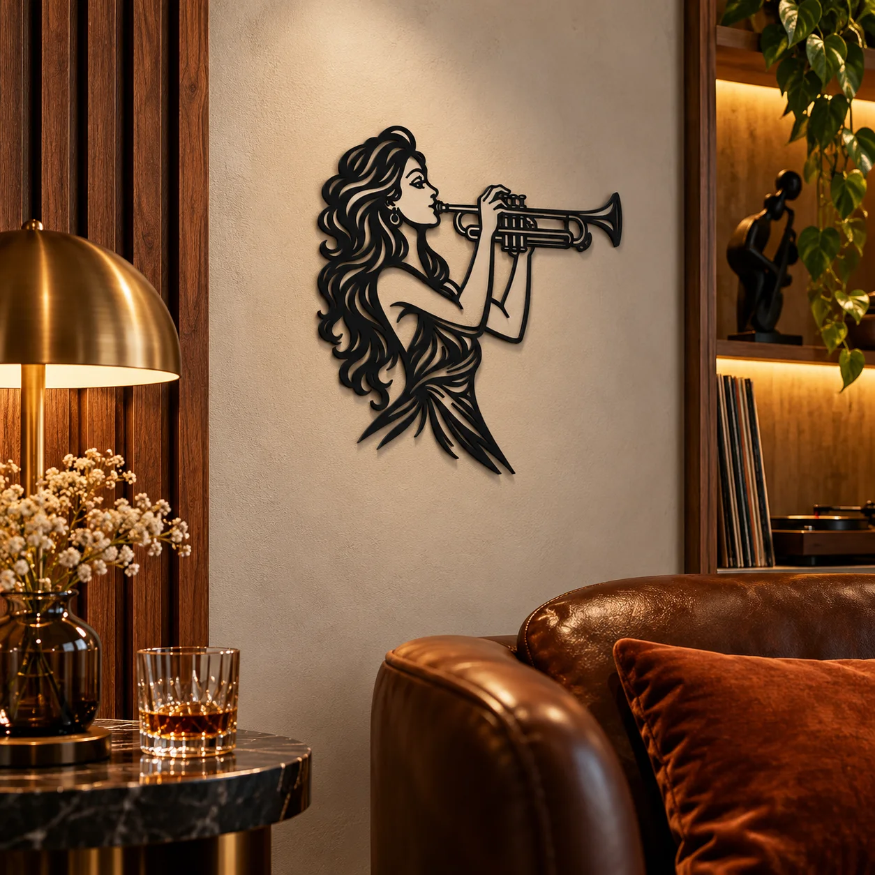 Décoration murale Trompettiste jazz au format 23 cm, mise en situation avec des objets du quotidien