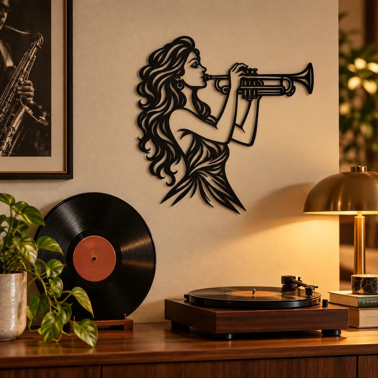 Silhouette de trompettiste noire sur un mur dans une ambiance jazz et décoration intérieure haut de gamme