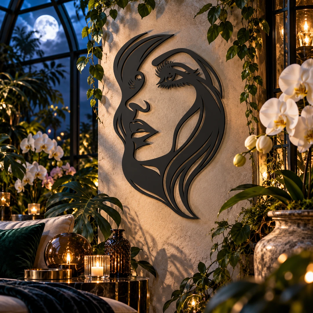 Portrait féminin ajouré installé dans une serre nocturne avec fleurs